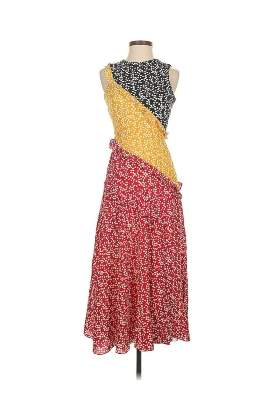 Saloni Agnes Knot Print Silk Midi Dress 2 Multicolor Floral Ruffle Wedding Guest - Picture 4 of 8